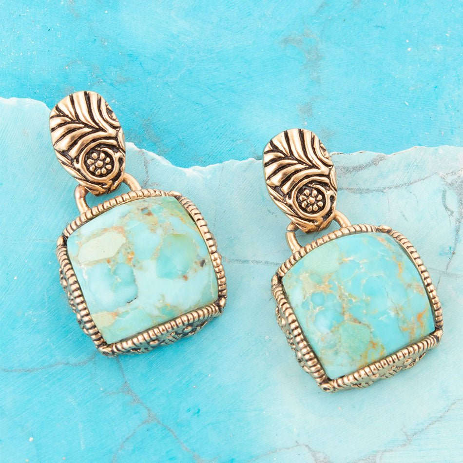 Carved Blue Turquoise Golden Drop Earrings Otarealm
