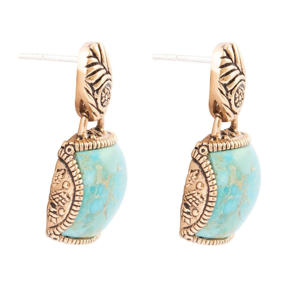 Carved Blue Turquoise Golden Drop Earrings Otarealm