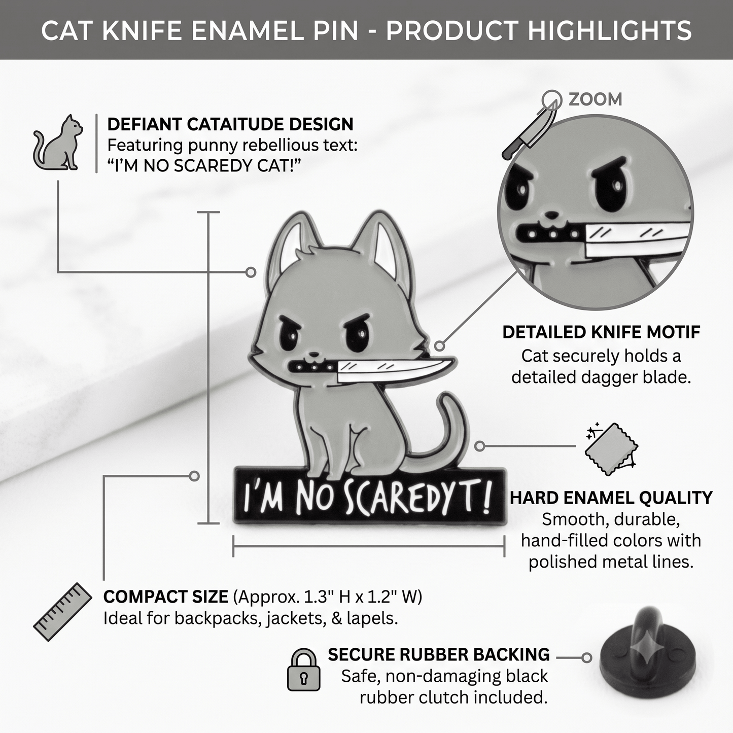 Cat Knife Enamel Pin – Bold Kitty Design for Bags and Jackets