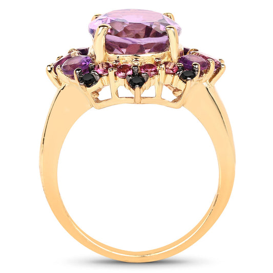 14K Yellow Gold Plated 5.25 Carat Genuine Amethyst, Rhodolite and Blue Diamond .925 Sterling Silver Ring