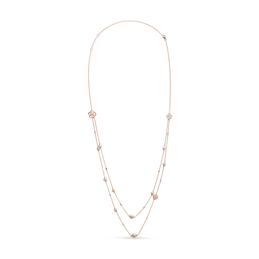 18K Rose Gold 1/2 Cttw Diamond and Freshwater Pearl Double Strand Station Necklace  (G-H Color, SI1-SI2 Clarity) - Adjustable up to 16" to 20"