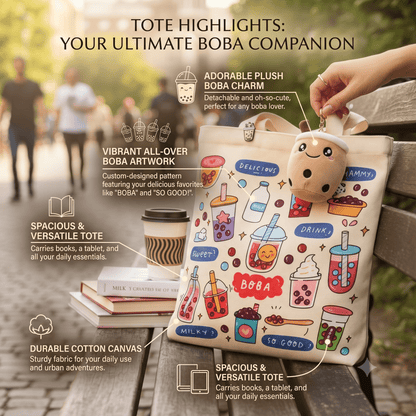 Cream Boba Tote Bag – Cute Gift with Keychain & Enamel Pin
