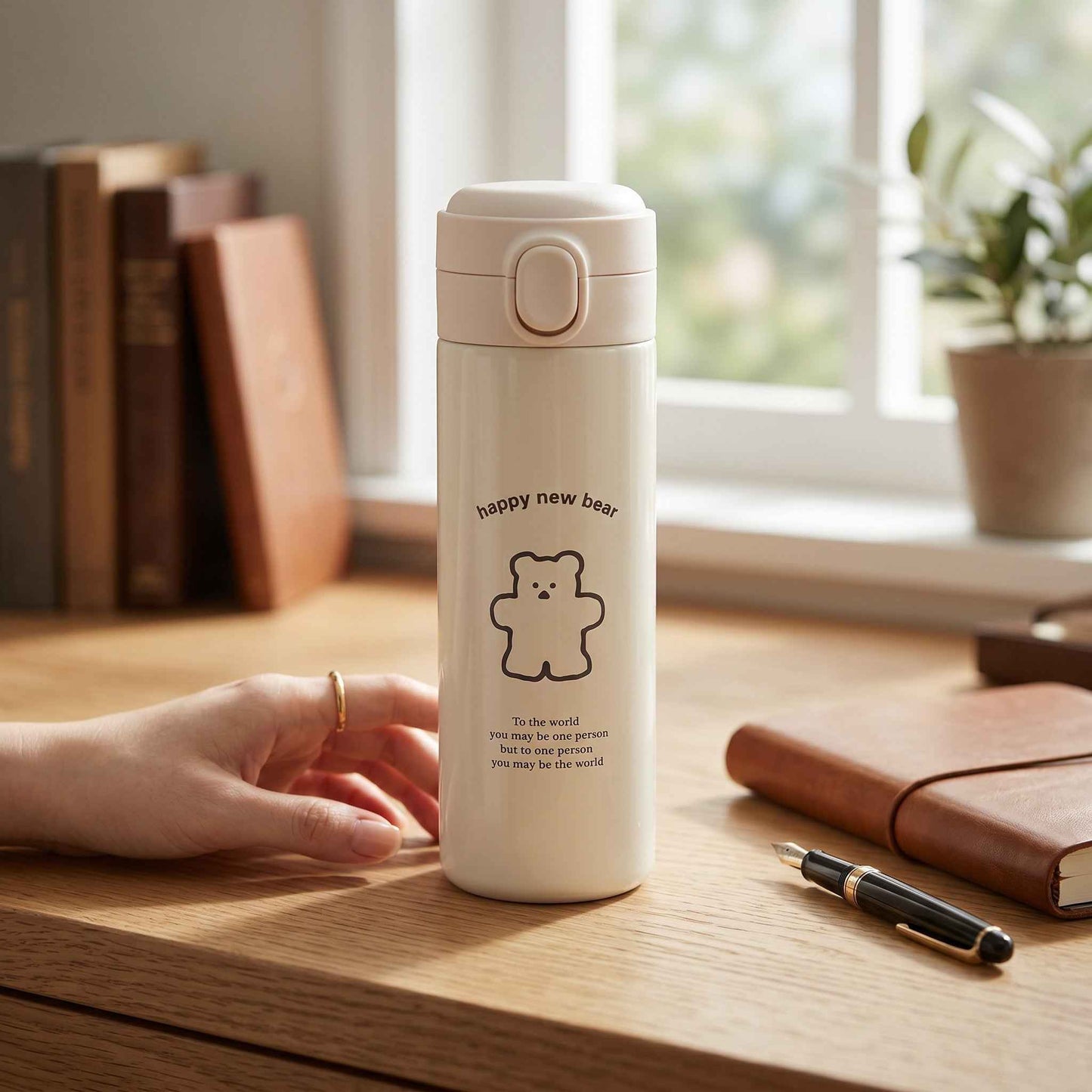 Cute Bear Travel Flask Vacuum Insulated Water Bottle Flip Top Lid