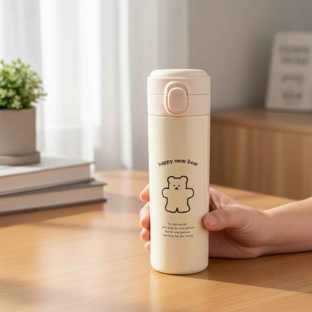 Cute Bear Travel Flask Vacuum Insulated Water Bottle Flip Top Lid