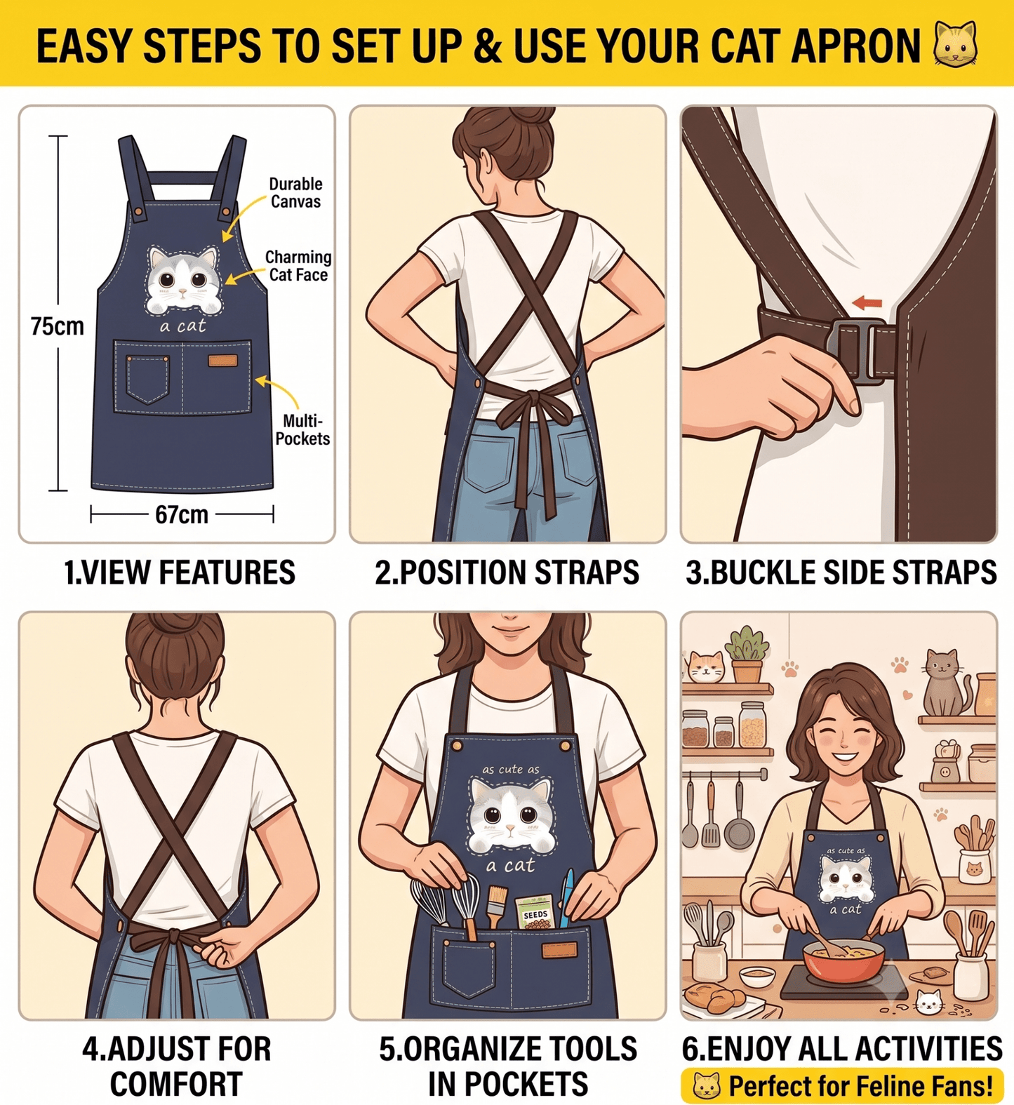 Cute Cat Apron – Durable Canvas Kitchen Apron with 3 Pockets