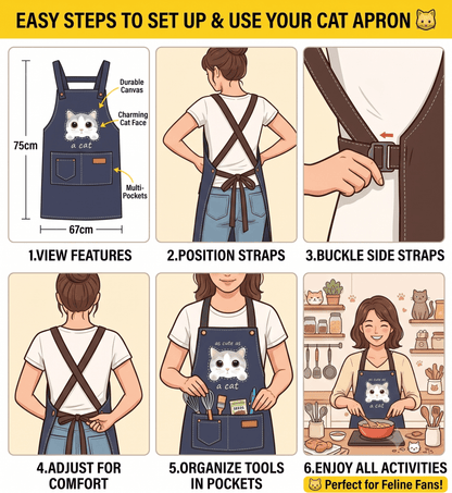 Cute Cat Apron – Durable Canvas Kitchen Apron with 3 Pockets
