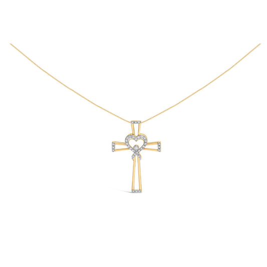 14K Yellow Gold Plated .925 Sterling Silver 1/6 Cttw Diamond Interlocking Heart and Ribbon Cross Pendant Necklace (H-I Color, I2-I3 Clarity) - 18" Inches Otarealm