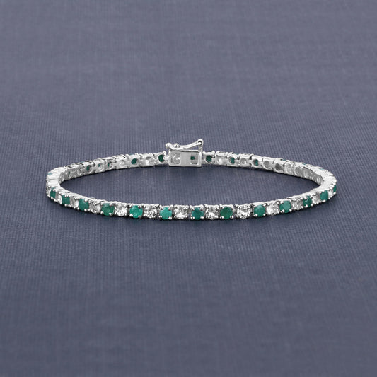 5.77 Carat Genuine Emerald and White Topaz .925 Sterling Silver Bracelet