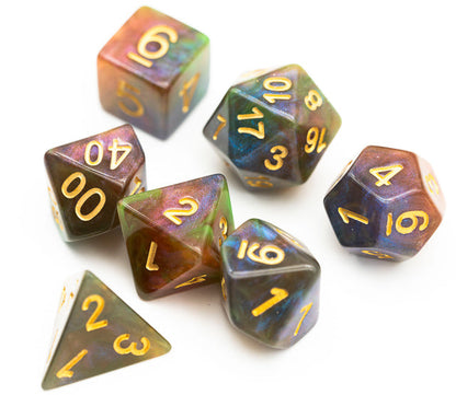 Purple & Green w/gold Galaxy Glitter 7-Dice Set RPG
