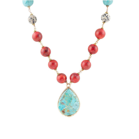 Blue and Red Turquoise Teardrop Golden Necklace Otarealm