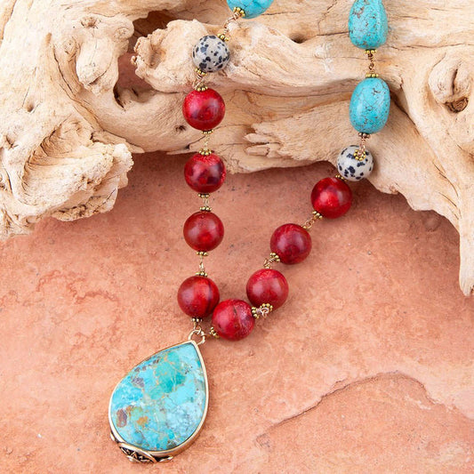 Blue and Red Turquoise Teardrop Golden Necklace Otarealm