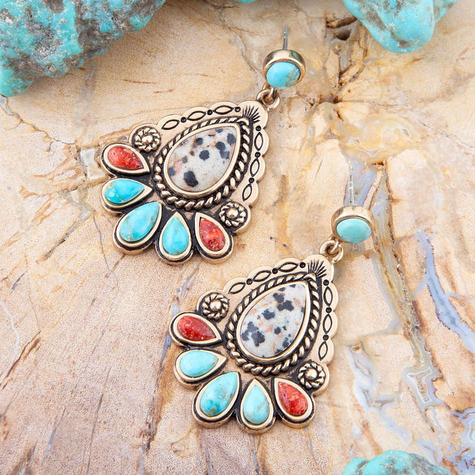Dalmatian Jasper Colorful Golden Drop Earrings Otarealm