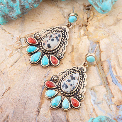Dalmatian Jasper Colorful Golden Drop Earrings Otarealm
