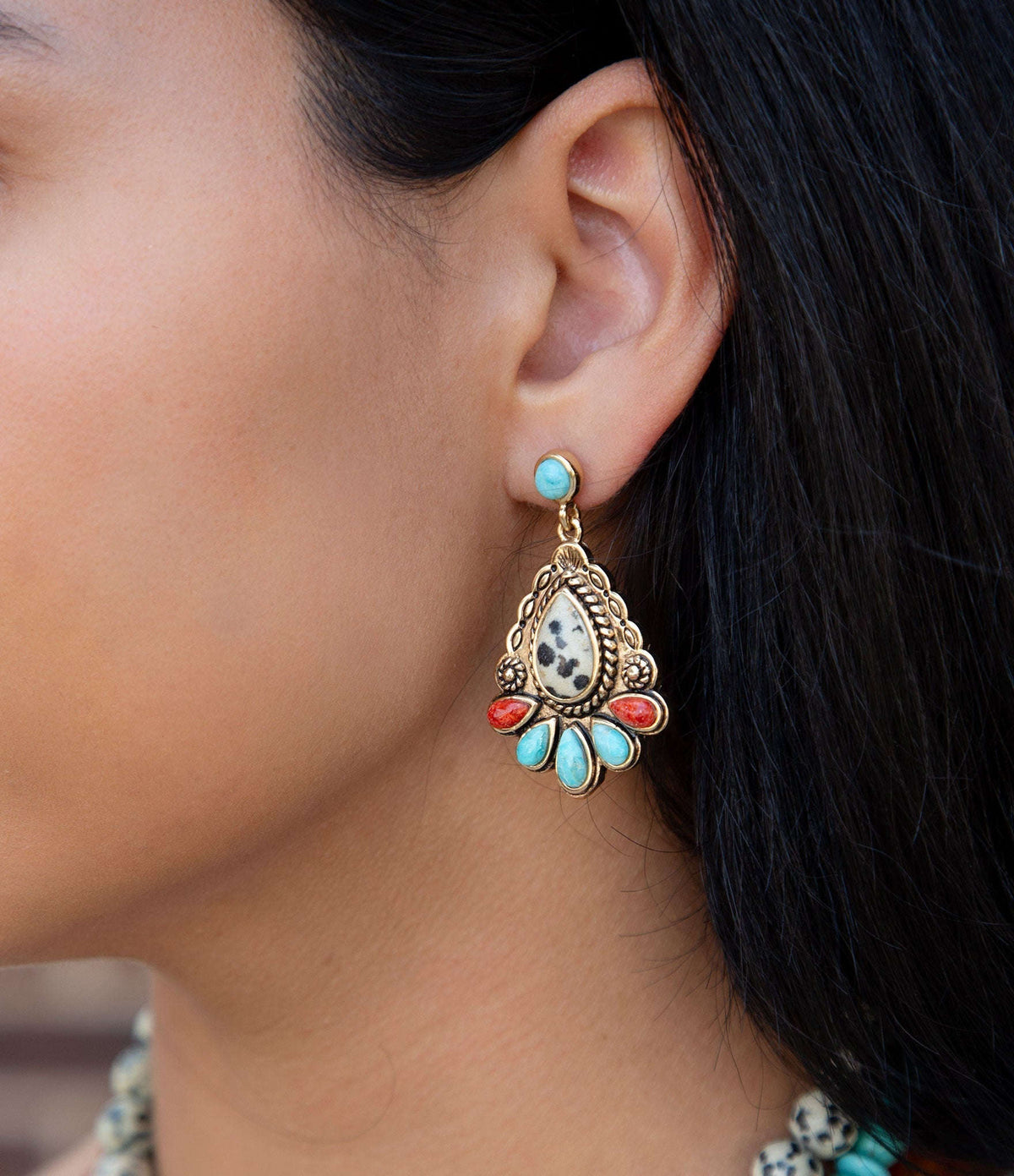 Dalmatian Jasper Colorful Golden Drop Earrings Otarealm