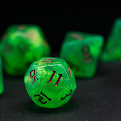 Green Glitter Party Glitter Dice (Pink font) 7-Dice Set RPG DND