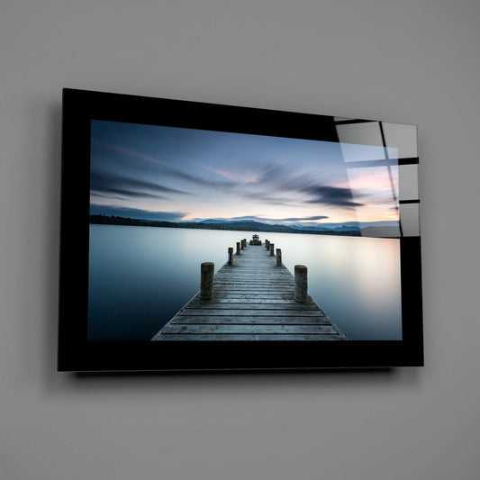 Blue Twilight Lake Jetty Glass Wall Art