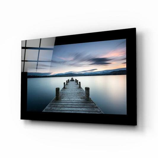 Blue Twilight Lake Jetty Glass Wall Art