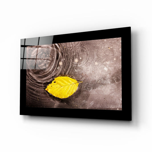 Yellow Leaf Floating On Rain Ripples Glass Wall Art