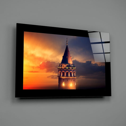 Sunset Silhouette Galata Tower Glass Wall Art