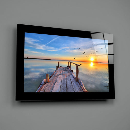 Lakeside Dock Flying Birds Glass Wall Art