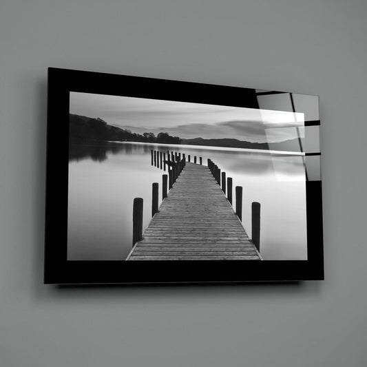 Misty Mountain Lake Boardwalk Glass Wall Art