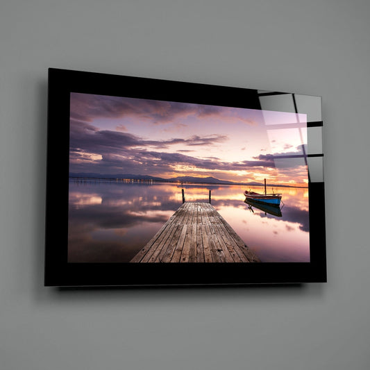 Moored Boat Purple Dusk Glass Wall Art
