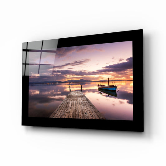 Moored Boat Purple Dusk Glass Wall Art
