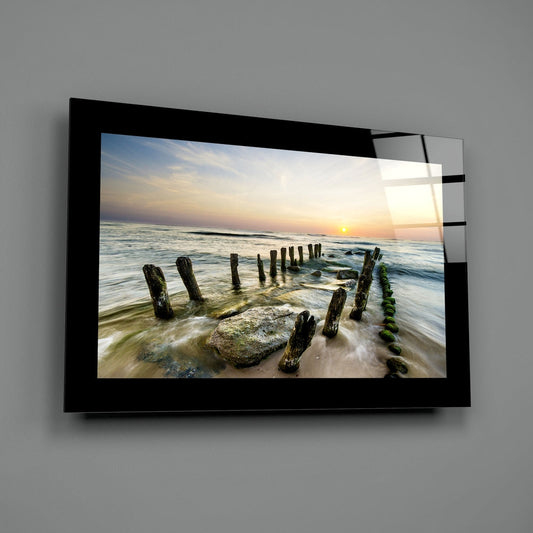 Mossy Posts Beach Sunrise Glass Wall Art