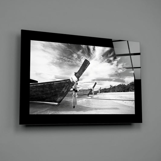 Black and White Longtail Boat on Beach Glass Wall Art
