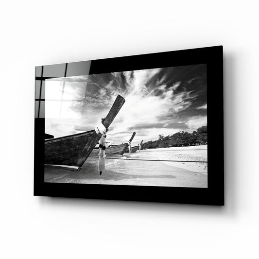 Black and White Longtail Boat on Beach Glass Wall Art