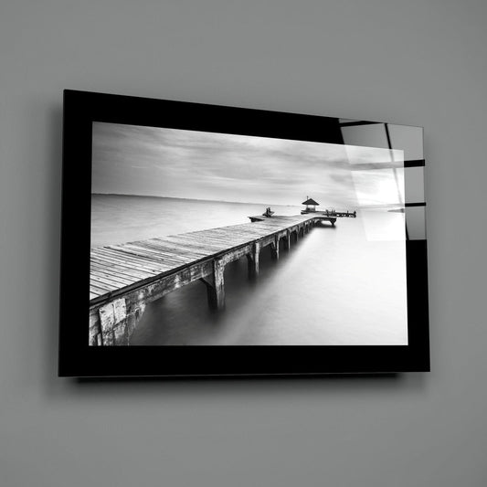 Long Coastal Pier With Pavilion Glass Wall Art