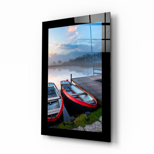 Red Rowboats on Misty Lake Dock Glass Wall Art