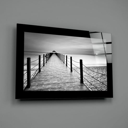 Rope Railing Beach Pier Sunrise Glass Wall Art