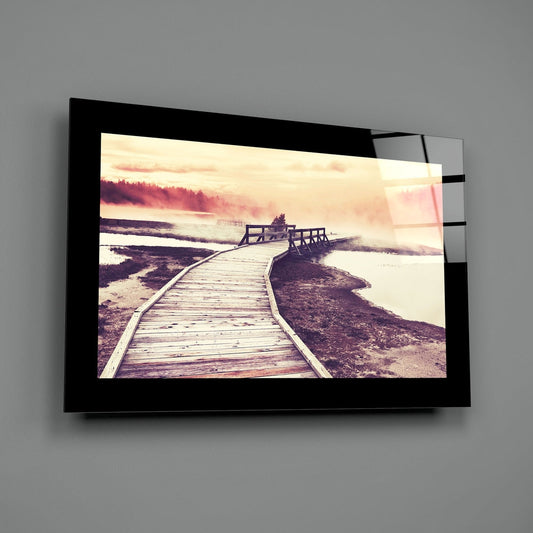 Foggy Marsh Boardwalk Sunrise Glass Wall Art