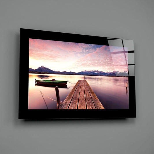 Green Boat Mountain Lake Glass Wall Art