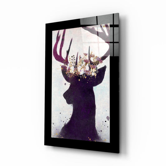 Blossom Crown Deer Silhouette Glass Wall Art