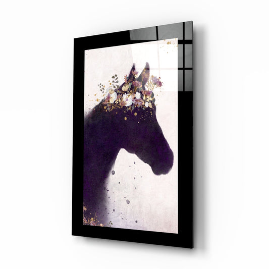 Gold Floral Crown Horse Glass Wall Art