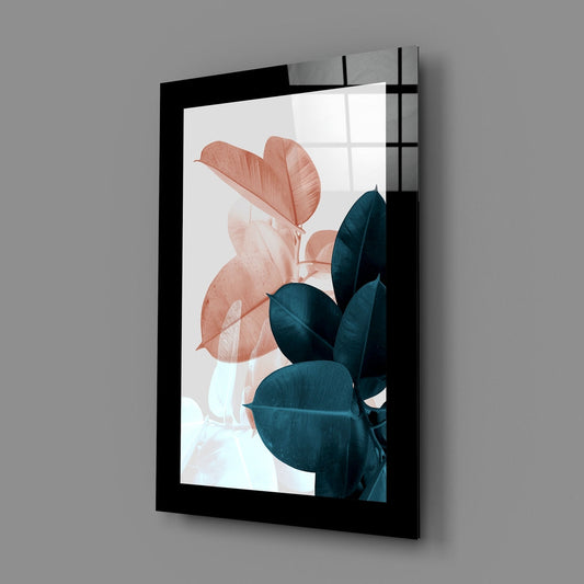 Coral Navy Rubber Fig Leaves Glass Wall Art