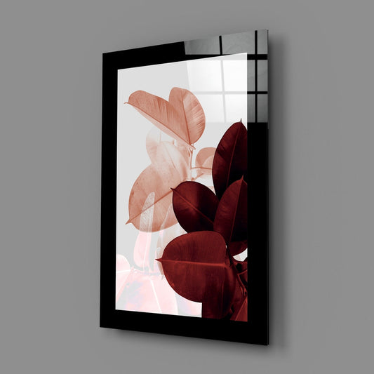 Coral Maroon Rubber Fig Leaves Glass Wall Art