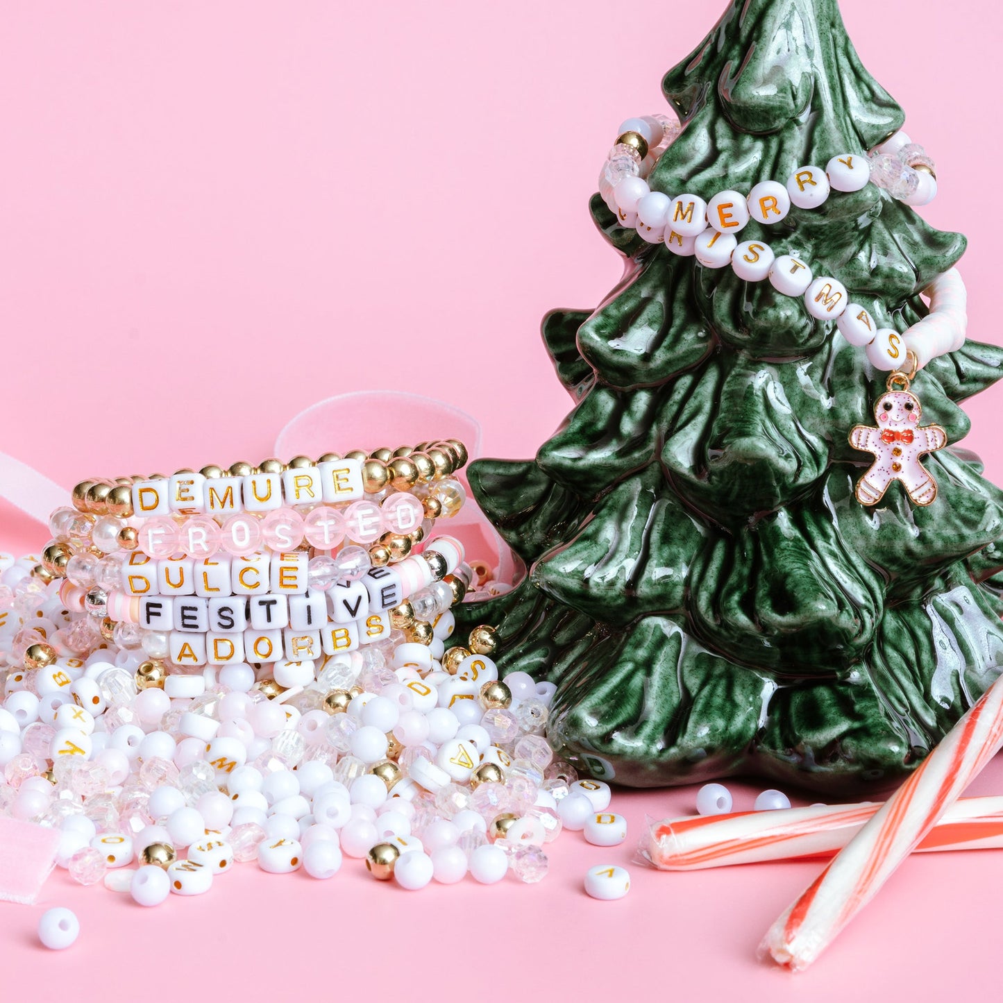 Pearl Bow Merry Christmas Square Alphabet DIY Bead Jar