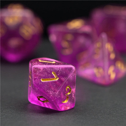 Violet Glitter Party Glitter Dice (Gold font) 7-Dice Set RPG DND