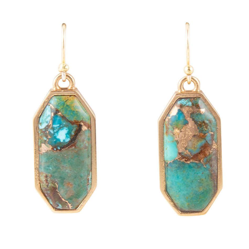 Dolce Teal Blue Turquoise Matrix Golden Drop Earrings Otarealm