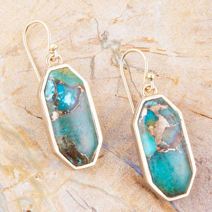 Dolce Teal Blue Turquoise Matrix Golden Drop Earrings Otarealm