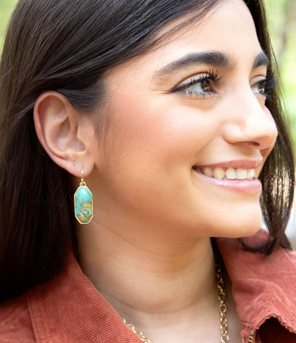 Dolce Teal Blue Turquoise Matrix Golden Drop Earrings Otarealm