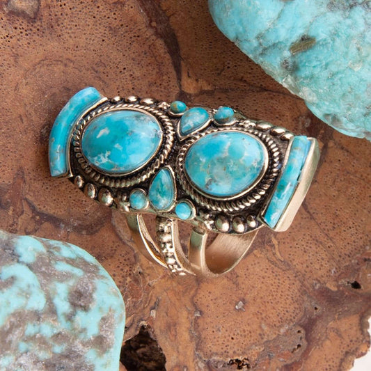 Double Blue Turquoise Golden Shield Ring Otarealm