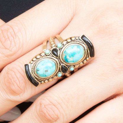 Double Up Blue Turquoise and Black Onyx Golden Ring Otarealm