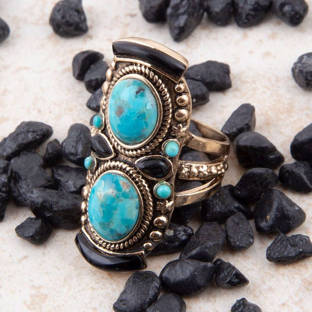 Double Up Blue Turquoise and Black Onyx Golden Ring Otarealm