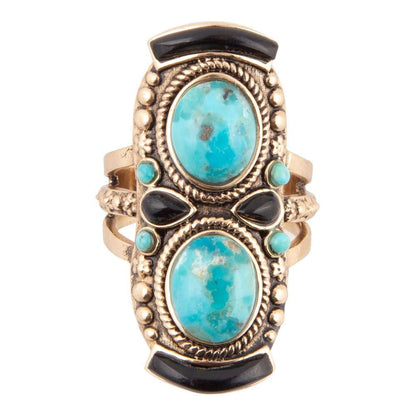 Double Up Blue Turquoise and Black Onyx Golden Ring Otarealm