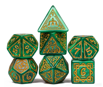 Druid Green Marble Pattern Dice | Green Dice w/Gold Art 7-Dice Set