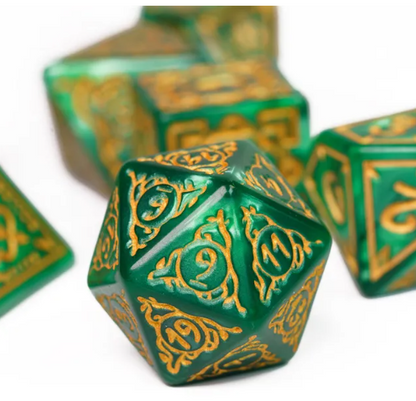 Druid Green Marble Pattern Dice | Green Dice w/Gold Art 7-Dice Set